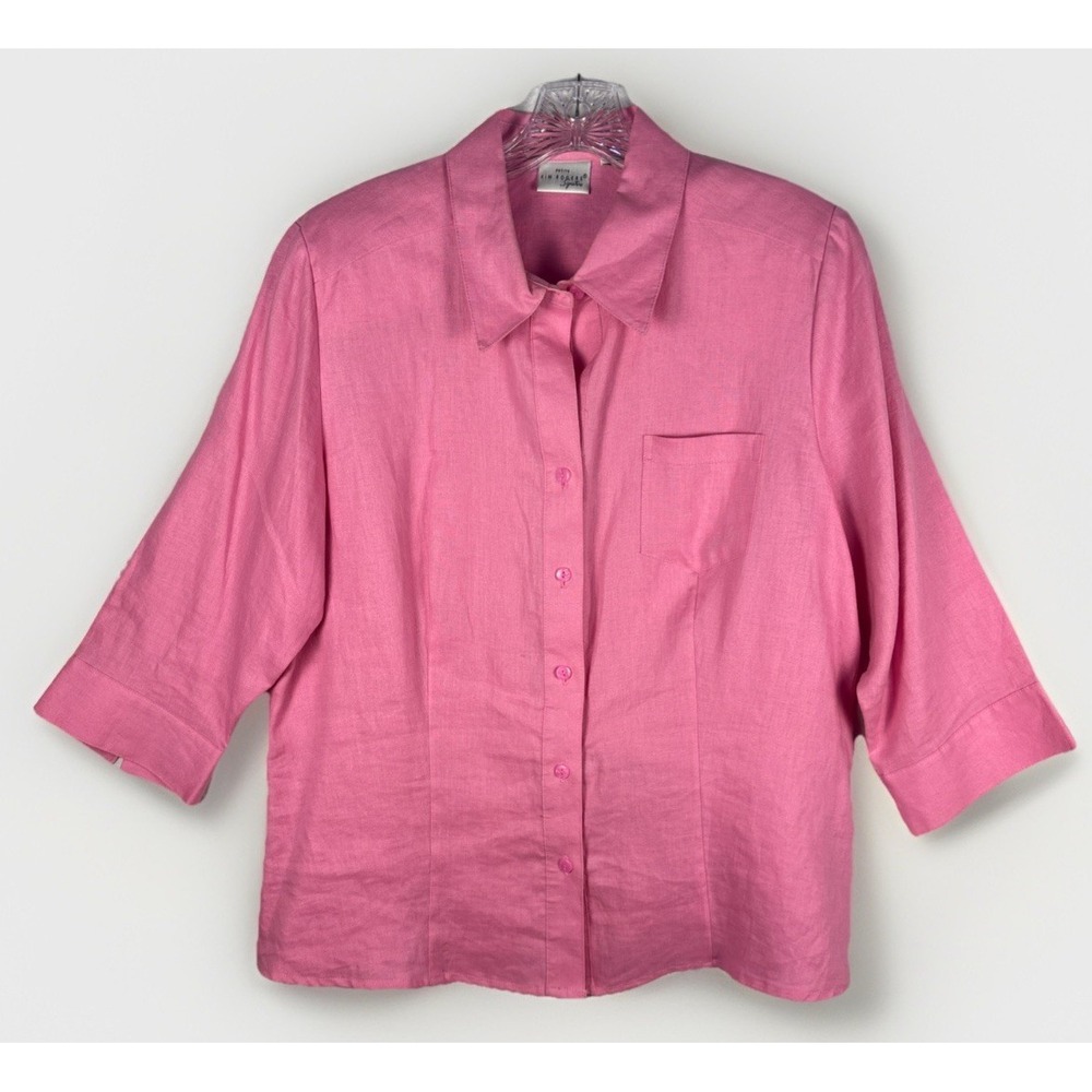 Kim Rogers Tunic Shirt Womens Large Pink Linen 3/4 Sleeve Button Up